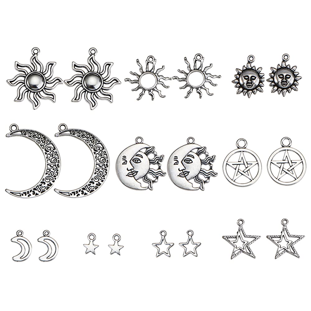Airssory 50 Pcs 10-Shapes Vintage Style Sun Moon Star Celestial Charms Mini Hollow Astronomy Pendants for Necklace Bracelet Jewellery Making Crafting - 29x26mm
