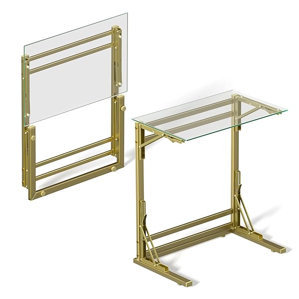 TATUB 24″ FOLDING TV TRAY TABLE SET OF 2, GLASS C SHAPED END TABLE FOR COUCH, SMALL SOFA-SIDE LAPTOP DESK WITH GOLD METAL FRAME FOR LIVING ROOM, BEDROOM, BEDSIDE