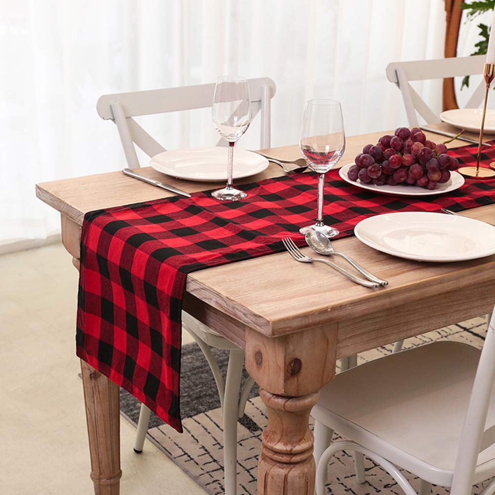 HAKACC Black and Red Buffalo Plaid Table Runner Cotton Burlap Table Runner for Christmas Holiday Birthday Party Table Home Decoration