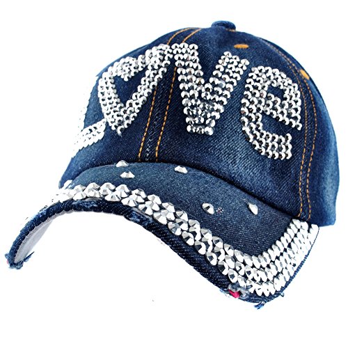 Elonmo Cute Letter Love Baseball Cap Jewel Rhinestone Bling Hats Jeans Wash Denim (Dark Blue)