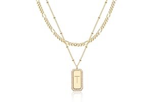 TONTMY STUDIOS Gold Initial Necklace for Women 14K Gold Plated Figaro Chain Choker Layered Necklaces Set Bar Rectangle Pendant Necklaces Simple Dainty Letter Necklace Everyday Gold Jewelry