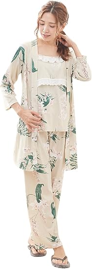 Amazon Co Jp Jennifer Pamela ジェニファーパメラ Fleur フルール 授乳口 ロングカーディガン付 3点セット マタニティ ママ ルームウェア パジャマ 上下セット 長袖 パジャマ リリー ベージュ L 服 ファッション小物