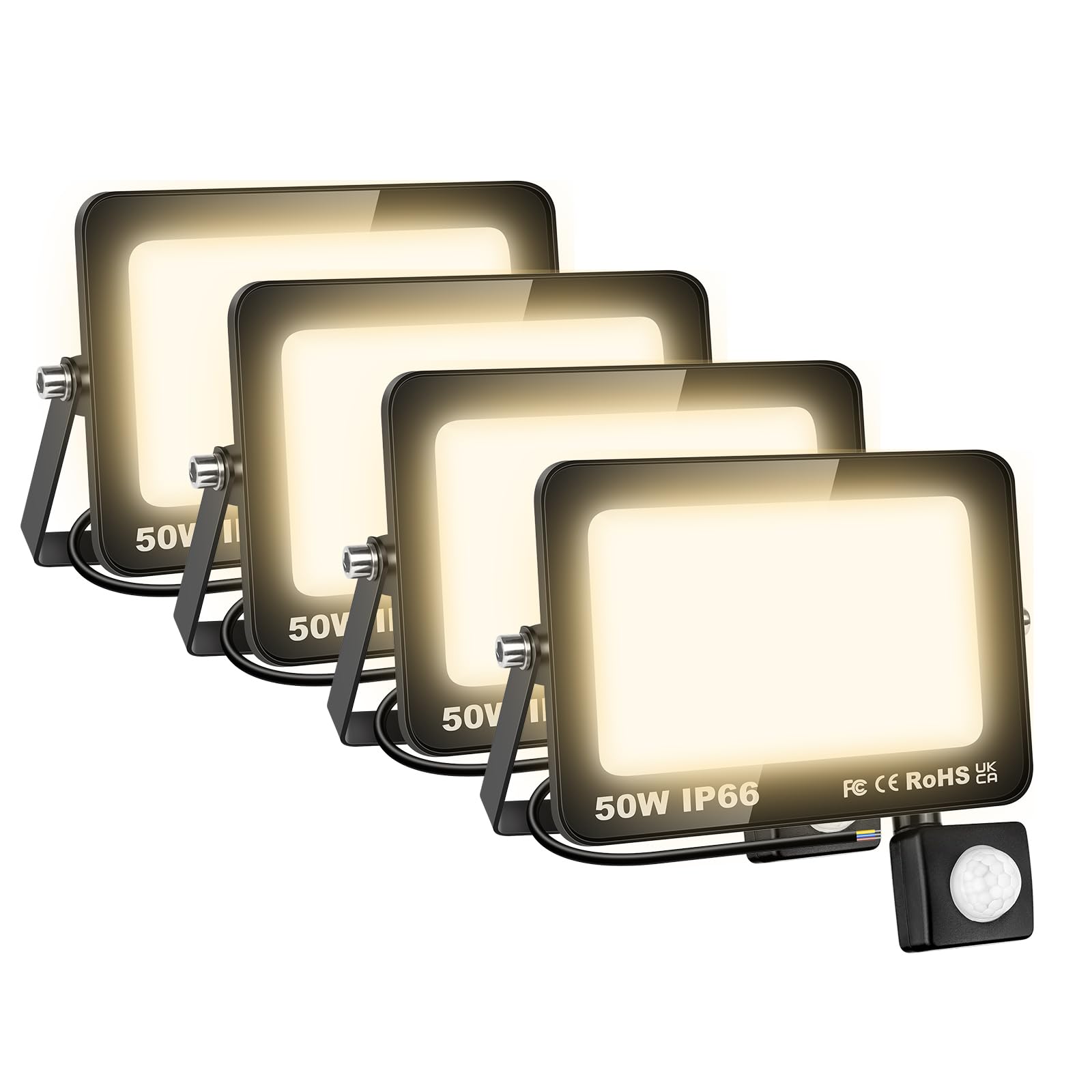 AUXTINGS 4 Pieces 50W LED Floodlight with Motion Sensor, 5000LM Outdoor Security Lights,4000K Warm White Outside Spot Light,IP66 Exterior Lighting for Yard Backyard House Court Stadium Parking