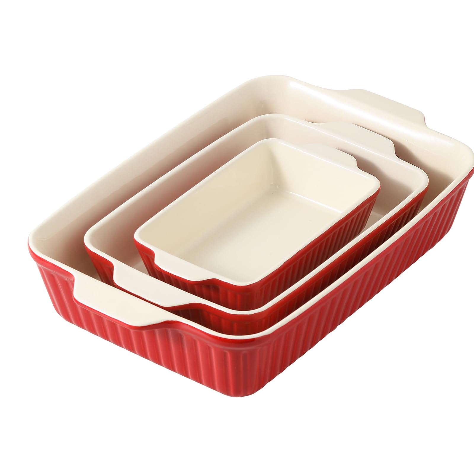 Photo 1 of DOWAN Casserole Dishes for Oven, Ceramic Baking Dishes for Oven Set of 3, Lasagna Pan Deep, Baking Pan Set Rectangular Casserole Dish Set with Handles for Baking, Wedding Gift, Red (15.6''/12.2''/8.9'')