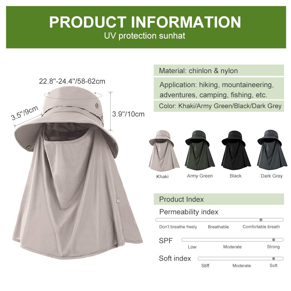 Sun Hat for Men Women Summer Outdoor Sun Protection Wide Brim Bucket Hat Breathable Mesh Fishing Hiking Beach Golf Hat (Khaki)