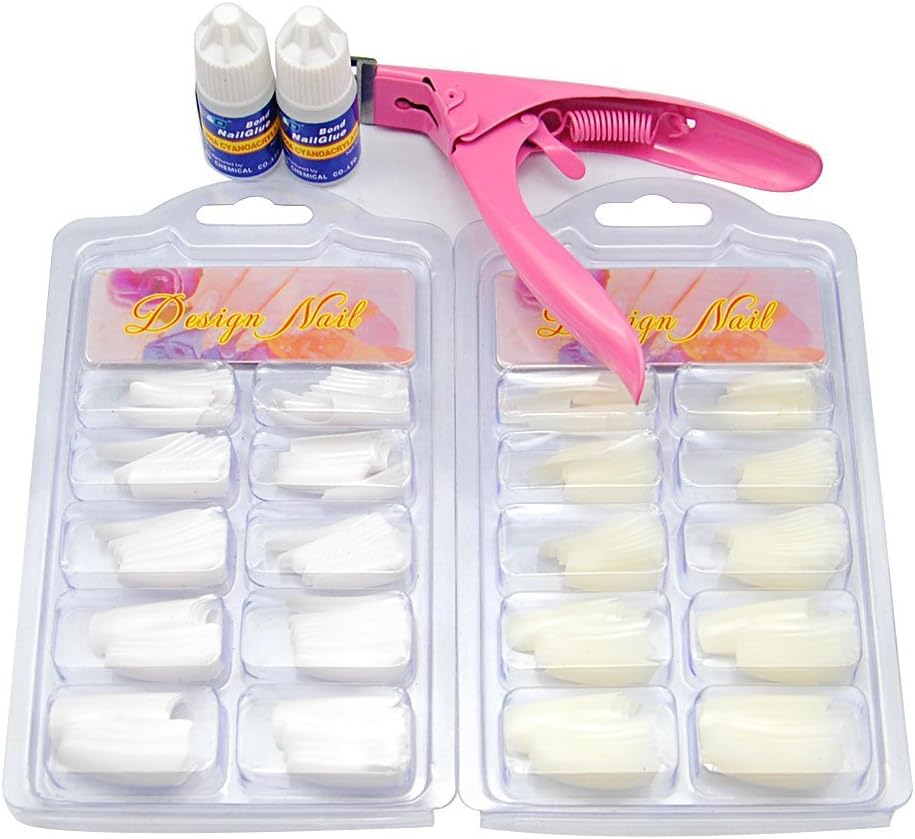 Warm Girl 100Pcs Natural False Nails 100pcs White False Nails Nail Glue Cutter Clipper Acrylic Art Manicure Kits Nail Tools