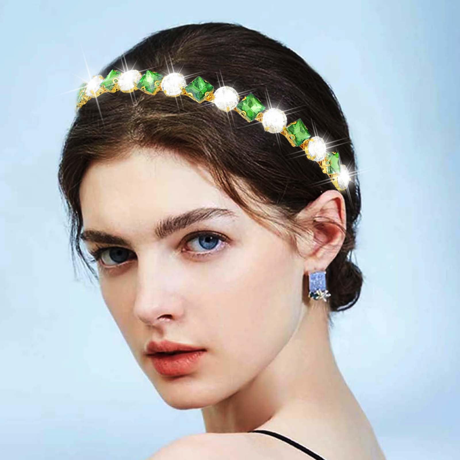 Flayem Rhinestone Headband Sparkling Headwear for Women (white+green)