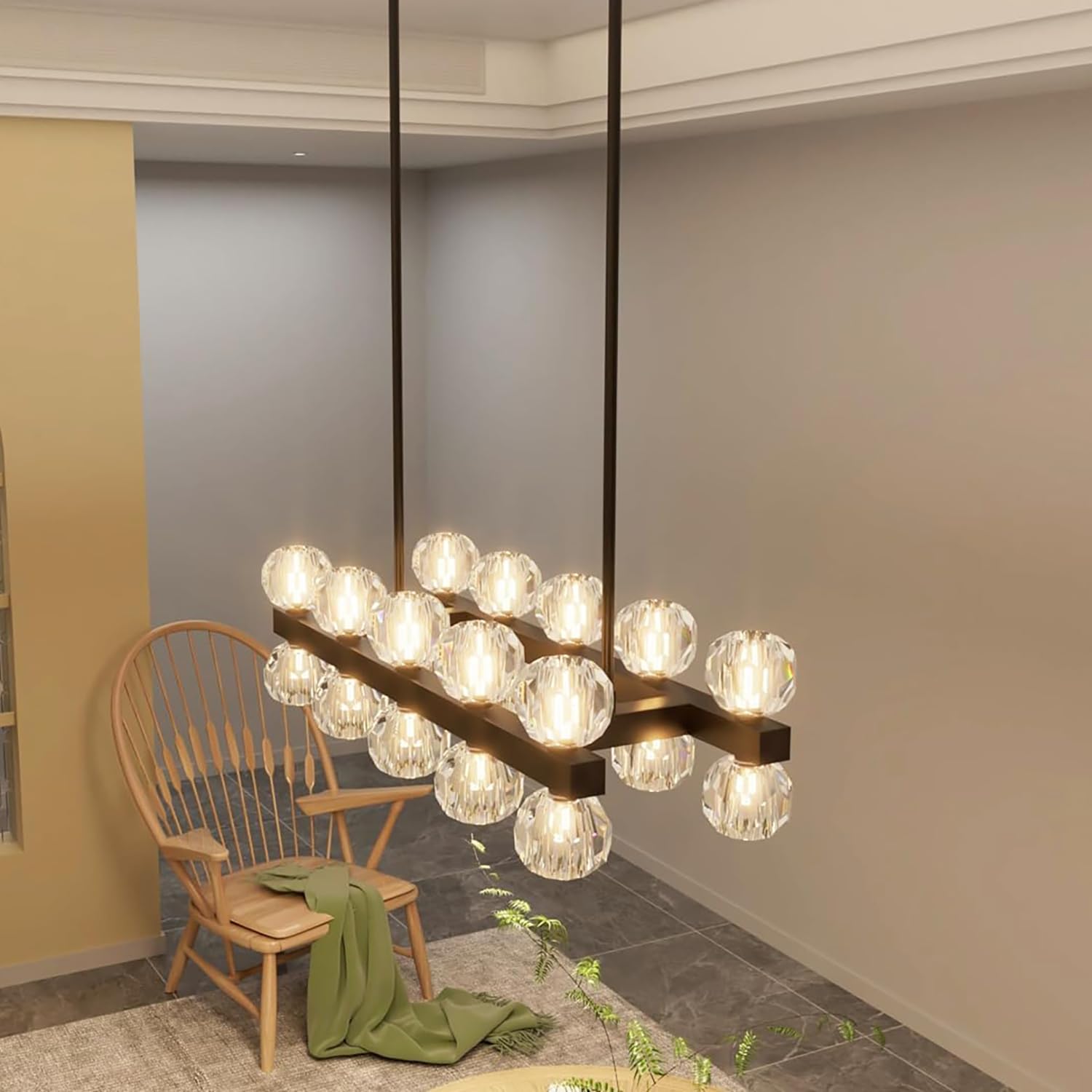 Photo 1 of IDEQUY Black Rectangular Chandelier for Dining Room, L32 Inch Chandelier Over Table, 24 Light Modern Linear Rectangular Crystal Chandeliers (24xG4 Bulbs Included)