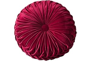 HLOVME Round Velvet Pillow for Couch Small Handmade Decorative Throw Pillow for Bed Bedroom 13.7” Wine Red