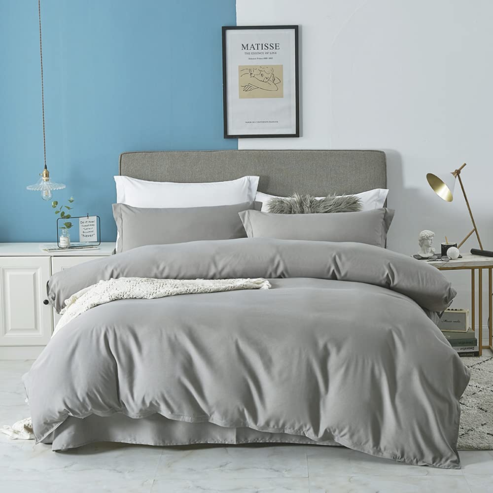Duvet Cover Set【Grey】SINGLE Quilt Comforter Cover 600TC Ultra Soft Microfiber Wrinkle & Stain Resistant Cover Bedding Set in Solid Colour Soft Silk Like Satin Luxury and Breathable Zipper Closure