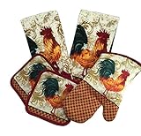 Kitchen Linen Set (Includes: one oven mitt, two pot holders and two dish towels) (Rooster - Plaid)