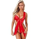 RNHGBB Women's Sexy Satin Babydoll Lingerie Unwrap Me Sleepwear Teddy Bodysuit for Christmas Valentine's Day, Red, Onesize 2-10
