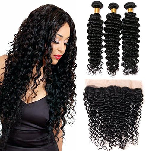 Lace Frontal Closure 13x4inch Brazilian Hair With 3 Bundles Deep Wave Brazilian Hair Bundles Silkylong Hair 100% Unprocessed Human Hair 22 24 26 +16 Frontal