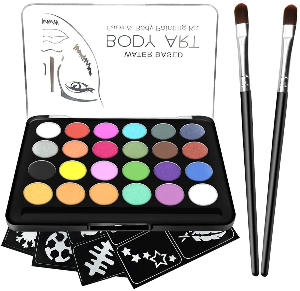 RIOGOO Face Paint Kit for Kids - 32 Stencils, 24 Large Water Based Paints, 2 Brushes, Professional Quality Face & Body Paint, Hypoallergenic Safe & Non-Toxic, Ideal for Halloween Party Face Painting