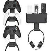 Controller &amp; Headset &amp; Remote Holder Wall Mount with No Drill, 2 Packs Gaming 4 Controllers Hanger Hook Mount for PS5/PS4/XBOX/Switch, Headphone Stand &amp; Remote Control Holer Wall Shelf with Adhesives