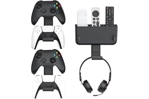 KYTOK Controller & Headset & Remote Holder Wall Mount with No Drill, 2 Packs Gaming 4 Controllers Hanger Hook Mount for PS5/PS4/XBOX/Switch, Headphone Stand & Remote Control Holer Wall Shelf with Adhesives