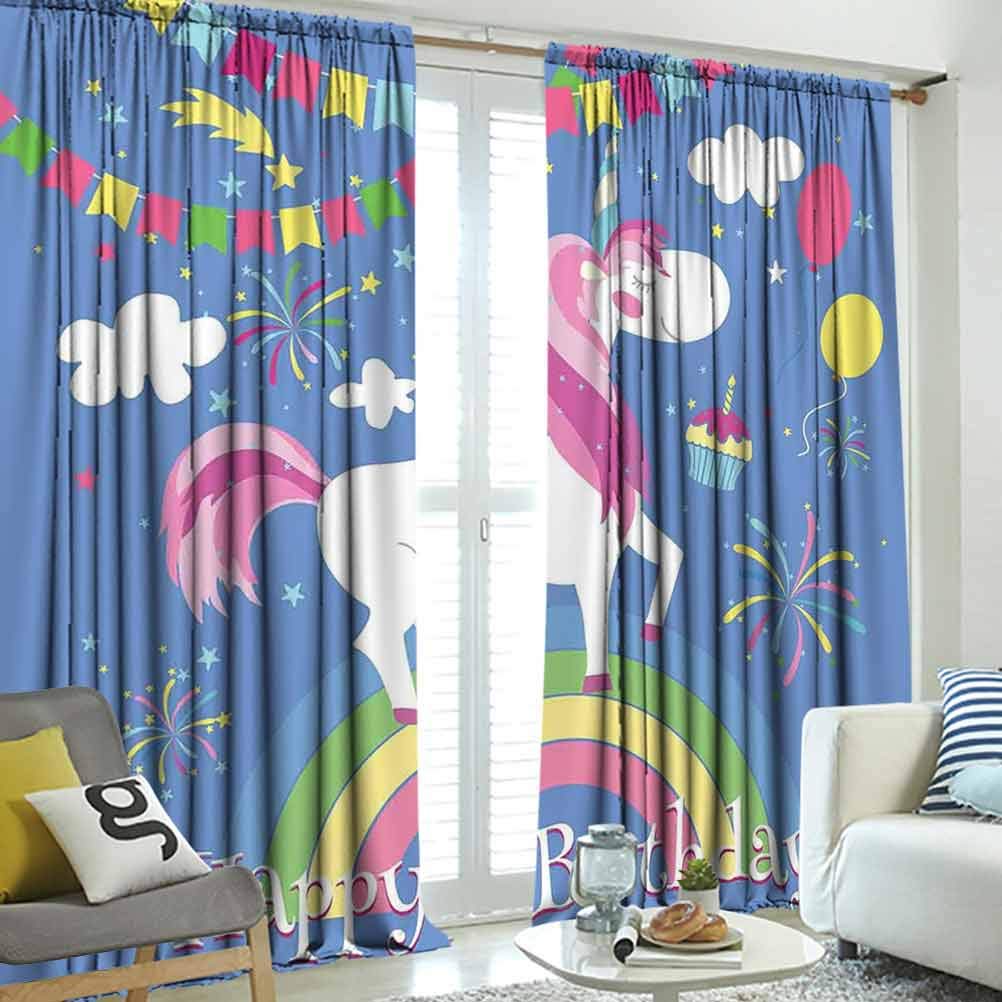hengshu Unicorn Party, Decor Bedroom Curtains Blackout Shades, Happy Birthday Quote with Fairy Tale Animal Marching on Rainbow with Balloons, Multicolor, W120 x L96 Inch,
