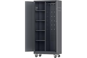 GLADIW Garage Storage Cabinet with Wheels, Metal Storage Cabinet with Lockable Doors and 4 Adjustable Shelves, Metal Locker with Pegboards for Garages, Offices, Gyms and Pantries, Gray