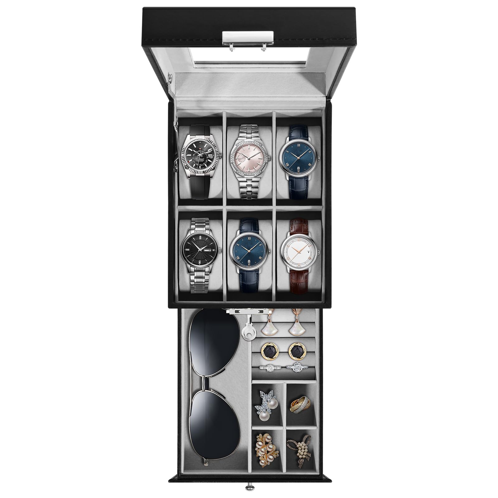 Uten Watch Box 6 Slots, 2-Tier Watch Case with Key Lock, Glass Lid, Watch Display Box for Men and Women, Black Synthetic Leather, Grey Velvet Lining, Removable Pillows, Jewelry Storage Box, Gift Idea