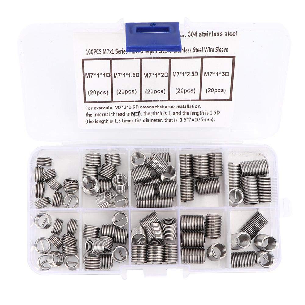 Screw Sleeve-100pcs M7 *1 Coiled Wire Thread Repair Insert Stainless Steel Thread Screws Sleeve Set