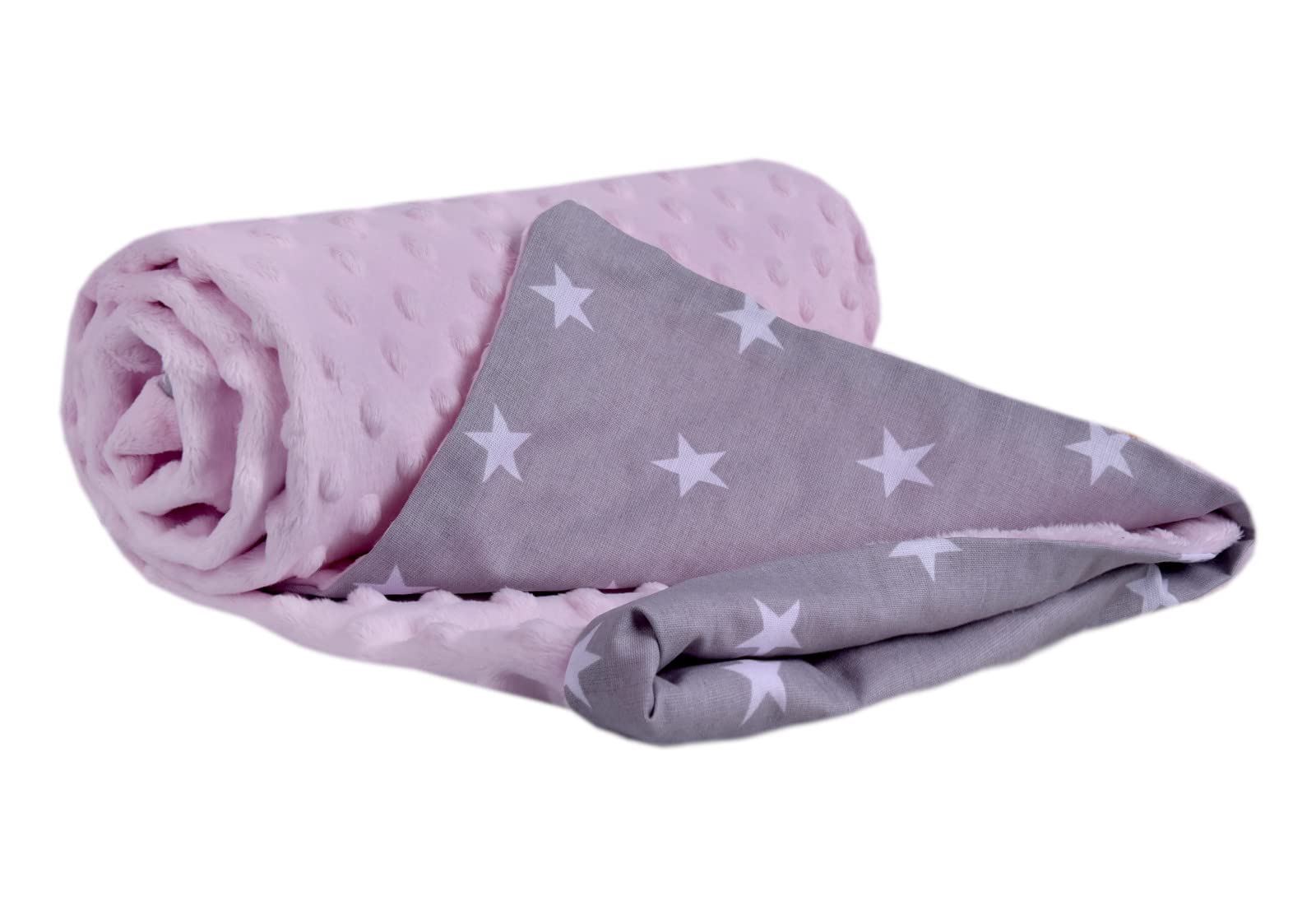 Medi Partners Baby Blanket Newborn Pram Soft 100% Cotton 75x100 Cot Toddler Comfort universal Cuddly Fluffy Crawling Plush bilateral Blankets (White Stars with Light Pink Plush)