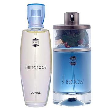 Ajmal Raindrops EDP Floral Chypre Perfume 50ml for Women and Shadow HIM EDP Spicy Woody Perfume 75ml for Men + 2 Parfum Testers FREE