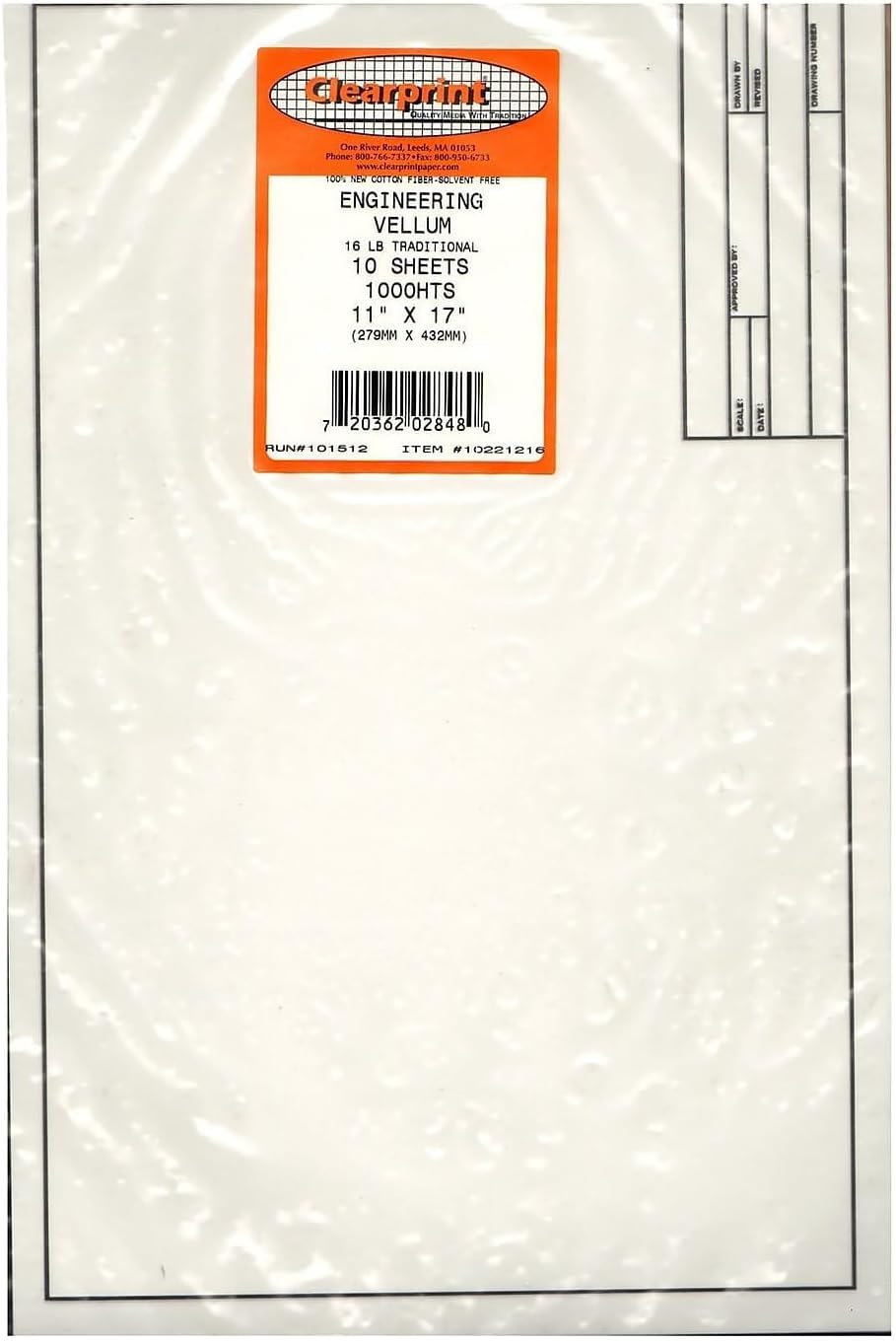 Clearprint Vellum Sheets with Engineer Title Block, 11x17 Inches, 16 lb., 60 GSM, 1000H 100% Cotton, 10 Sheets/Pack, Translucent White (10221216)