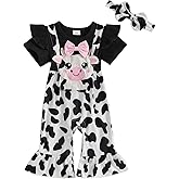 Kavousa Baby Girl Summer Outfit Cartoon Animals Cow Short Sleeve One-Piece Romper Jumpsuit Headband Set Newborn Clothes