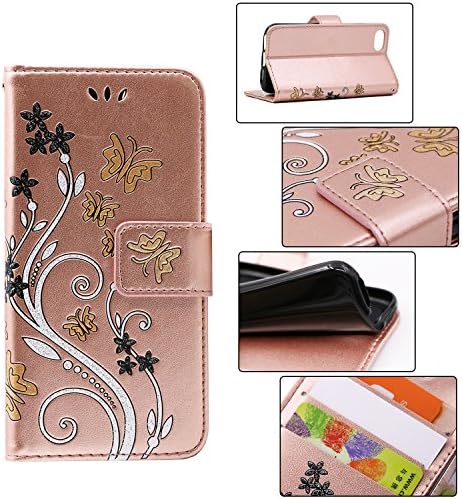 IPhone 8 7 wallet case leather magnetic snap cover with glamour glitter embossed floral sparkly butterfly pattern including 3 card holder 360 protective for 4.7 inch iPhone 7 8 rose gold