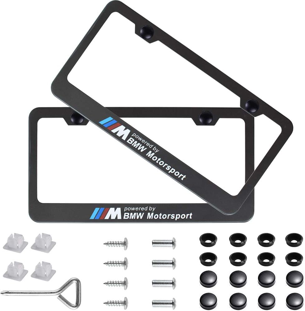 Fubai Auto Parts 2pcs M Motorsport Stainless Steel License for BMW Plate Frame with Screw Caps Cover Set, Matte Black