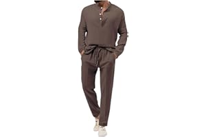 Cambkatl Fall Lounge Sets for Men Cotton Linen Casual Henley Shirts & Pants Two Piece Beach Vacation Outfits