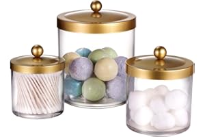 SheeChung Premium Quality Apothecary Jars - Clear Plastic Jars with Rust Proof Stainless Steel Lids - Bathroom Vanity Countertop Storage Organizer Canister Holder House Decor | Set of 3 (Gold)