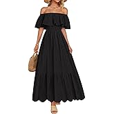 ZESICA Women's 2026 Summer Off Shoulder Ruffle Midi Dress Short Sleeve High Waist Hollow Out Embroidery Party Dresses