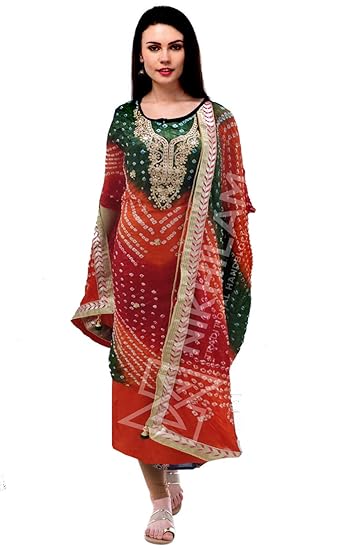 NIKHILAM Womens Silk Bandhej Suit Dress Material