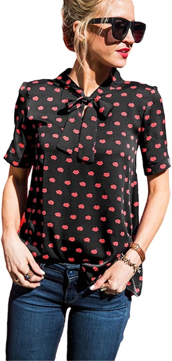 Amazon.com: Xuefangshangyi Chiffon Blouse Red Lips Printed ShirtWomenCasual Lace Up Short Sleeve 