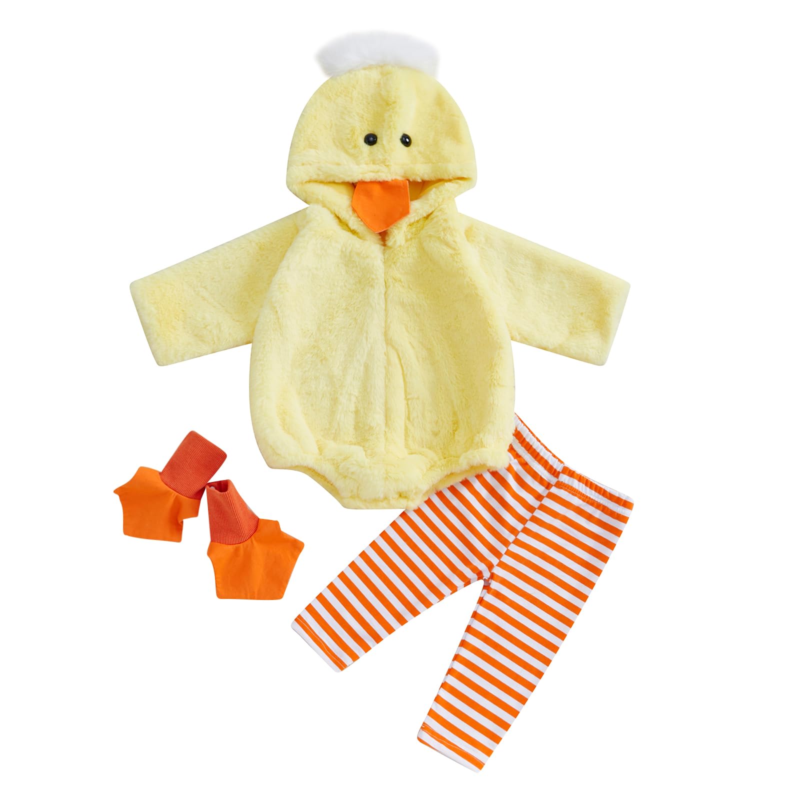 Photo 1 of Twopumpkin Baby Chick Halloween Costumes Cute Infant Toddler Girl Boy Duck Costume Cape Sleeve Fuzzy Romper+Striped Leggings (Hooded duck 3pcs Yellow, 12-18 Months)