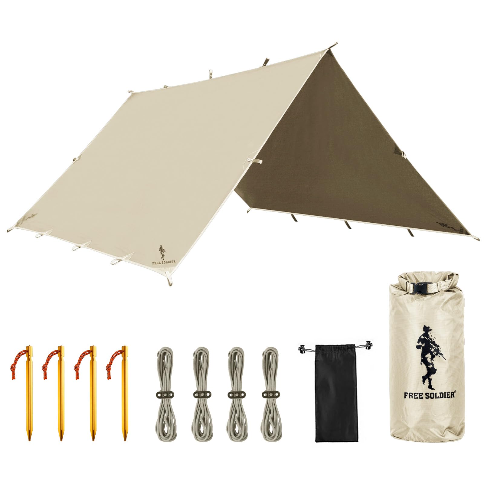 Photo 1 of FREE SOLDIER Camping Tarp Waterproof Portable Multifunctional Outdoor Traveling Awning Backpacking Shelter Rain Tarp (Beige 10×10.5ft)