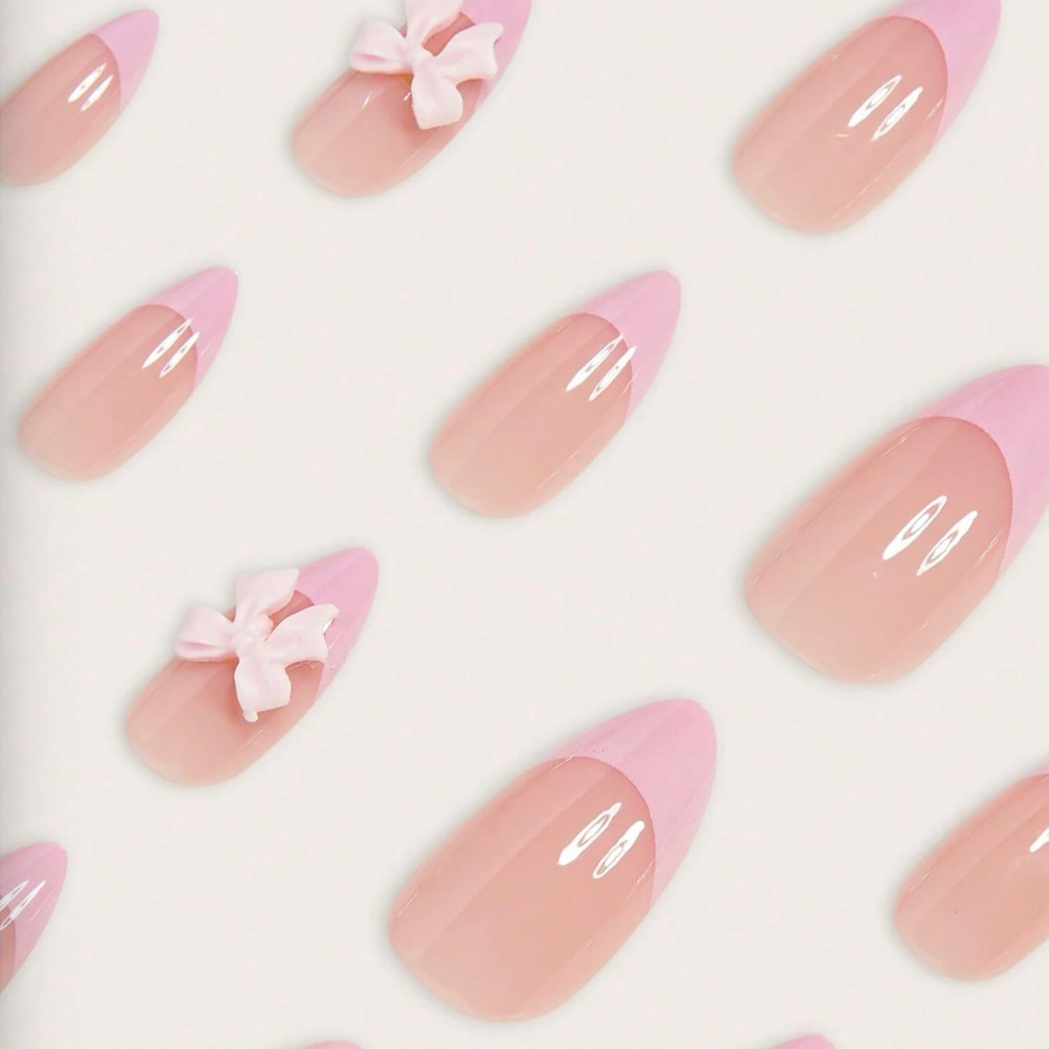 24Pcs French Tip Press on Nails Fake Nails with Pink Bow Design Gloss Short Almond-Shaped False Nails Cute Bow Press ons Stick on Nails Acrylic Artificial Fingernails for Women Girls - Image 2