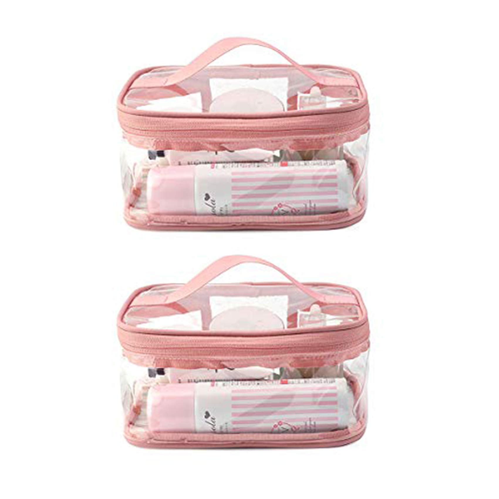 Enkrio Toiletry Bag Waterproof Clear Makeup Bag 2 PCS Transparent PVC Travel Cosmetic Handbag with Zipper and Handle for Business Travel (Pink)