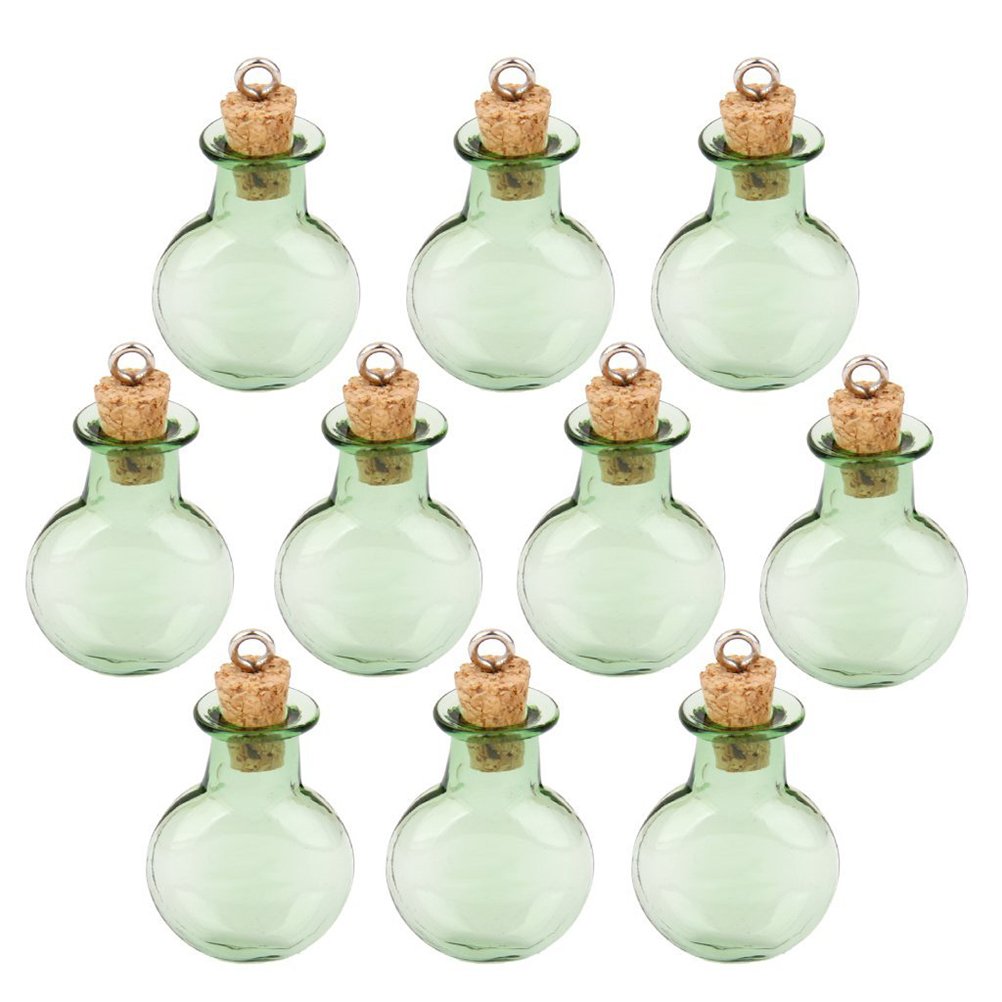 Tinksky Mini Tiny Green Glass Cork Bottles Round Flat Vial Wishing