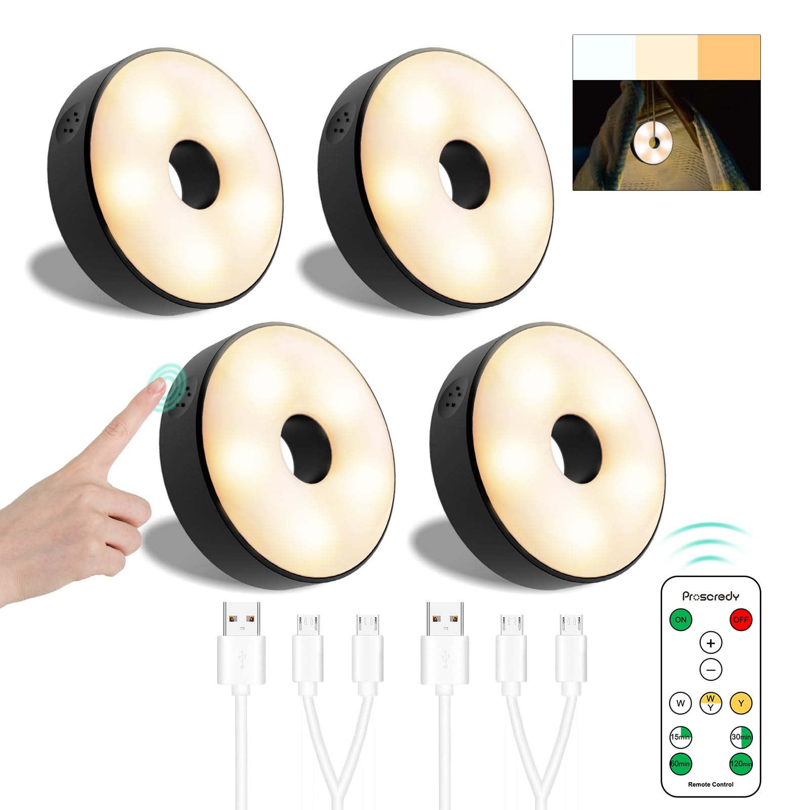 Photo 1 of Proscredy Puck Lights with Remote,Under Cabinet Lights,900mAh Battery Operated Closet Lights,4 Pack,Magnetic Under Cabinet Lighting Wireless,Black Rechargeable Puck Lights for Kitchen
