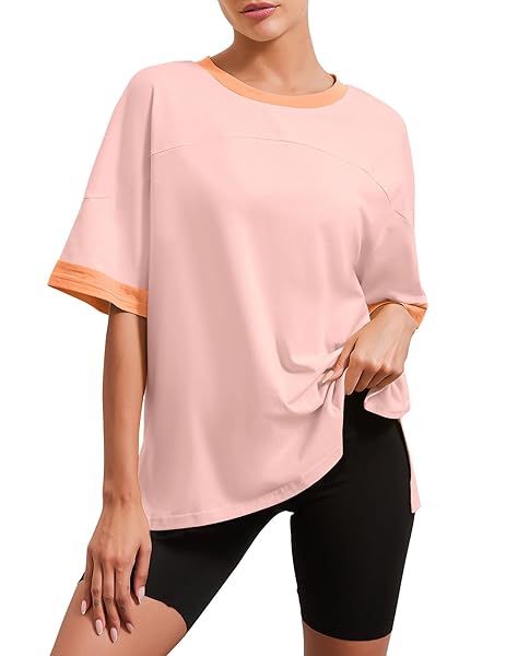 ZIESEXY OVERSIZED TSHIRTS FOR WOMEN COTTON COLOR BLOCK LOOSE FIT SHORT SLEEVE ROUND NECK CASUAL BASIC SUMMER TEE TOPS PINK, MEDIUM