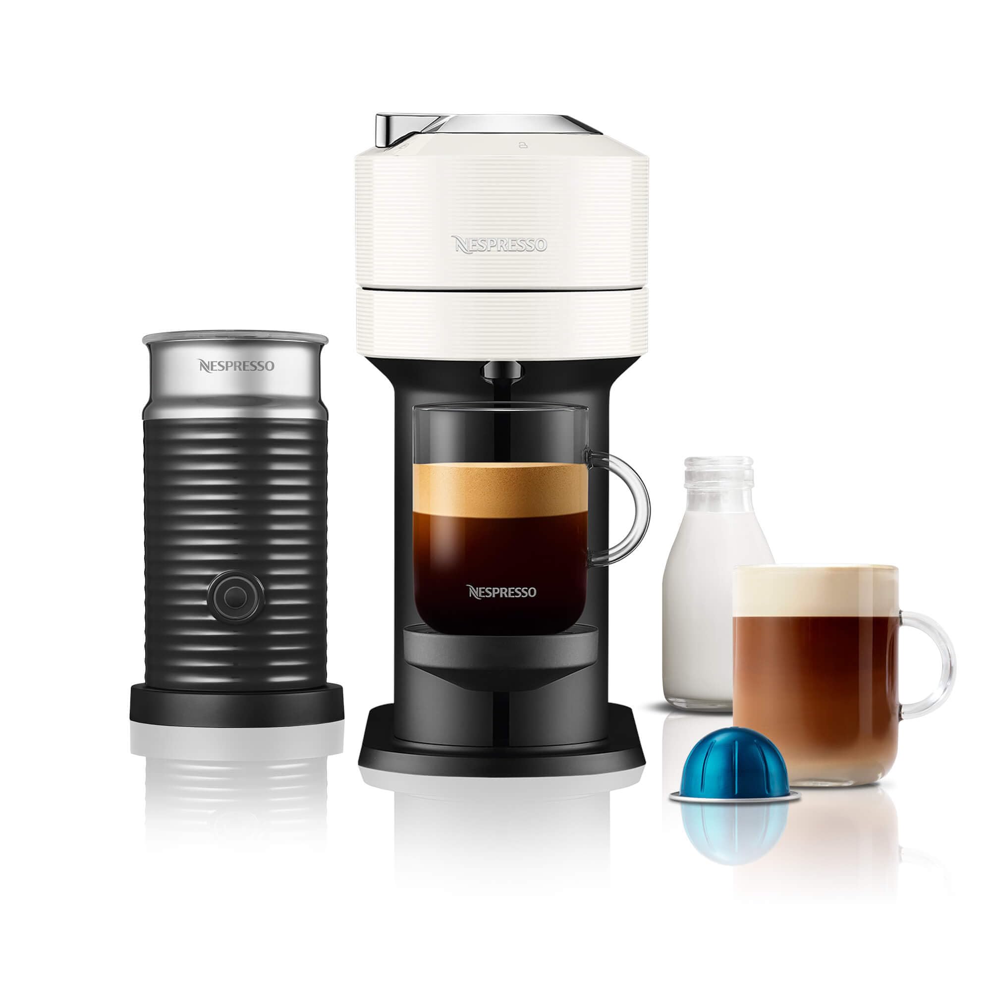 Nespresso Vertuo Next Coffee Machine by De'Longhi with Aeroccino Milk Frother, Over 30 Varieties of Pods, 6 Coffee Cup Sizes, Latte, Cappuccino, Starter Capsule Set Included, EN120.WAE, White
