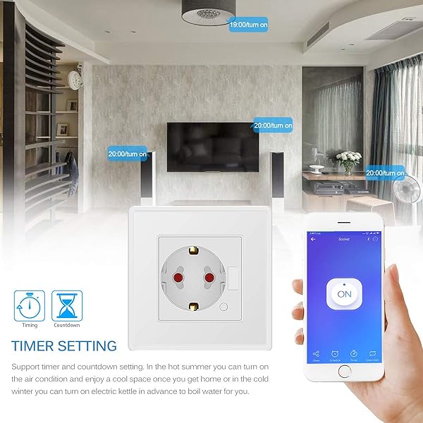 ONEVER Smart Socket Integrado Enchufe WiFi Compatible con Amazon Alexa Google Home App Timer Set EU Plug 10A WiFi Smart Socket Panel de Toma de Corriente
