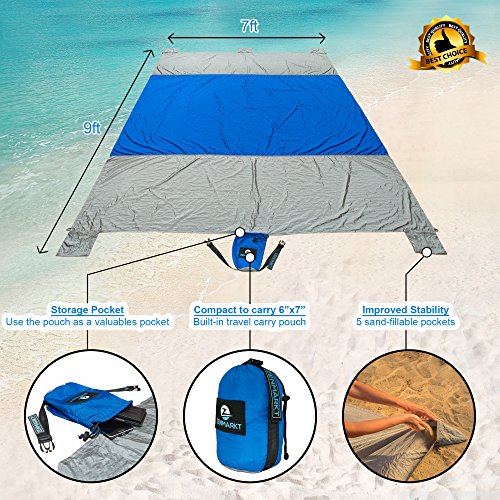 Oversized Beach Blanket: Outdoor Travel Blanket + Microfiber Towel in Carry Pouch| 7'X9' Sandproof Water/Wind Resistant Parachute Nylon Beach Mat For Picnic, Hiking, Camping - Thumbnail 3