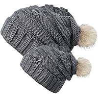 Chalier 2 Pack Winter Warm Knit Baggy Slouchy Pom Pom Beanie Hat For Mom & Baby, L & S, 2 Pack (Dark Gray)