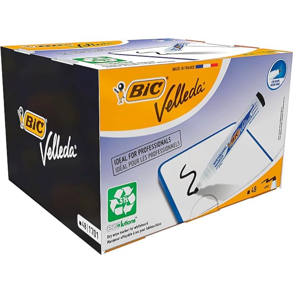 BIC Velleda 1701 ECOlutions Feutres pour tableau blanc - Pointe ogive moyenne - Noir/Rouge/Vert/Bleu, Pack école de 48