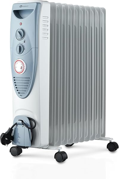 PureMate 2500W Oil Filled Radiator 11 Fin With 3 Heat Settings Timer