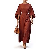 Women's Elegant Batwing Sleeve Dress Solid Round Neck Casual Loose Ruched Slit Midi Dress
