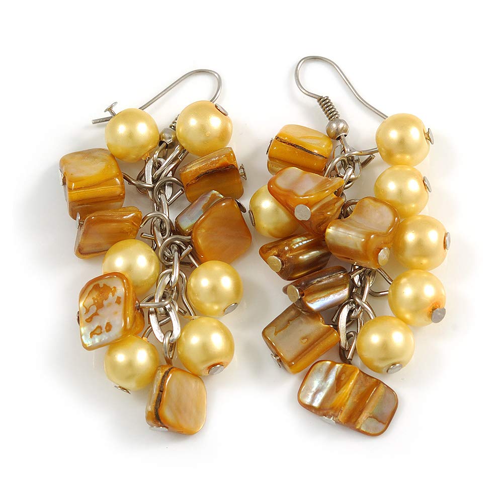 Banana Yellow Glass Bead, Antique Yellow Shell Nugget Cluster Dangle Earrings/Silver Tone/ 60mm Drop